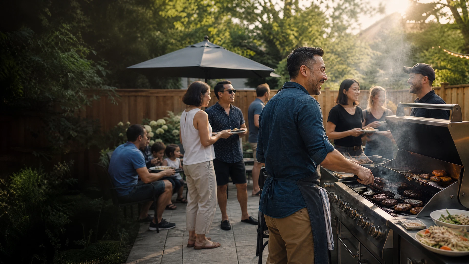 Toronto community barbecue gathering with guests around a commercial grill